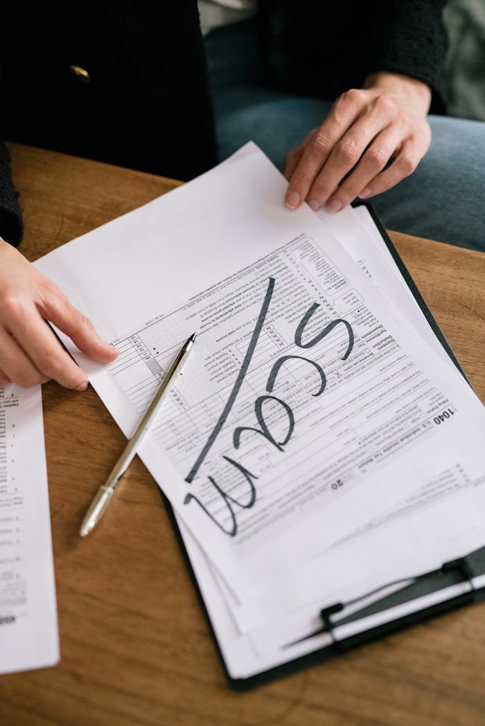 Crafting Captivating Headlines: Your awesome post title goes here Close-up of hands on tax form with 'scam' written, highlighting tax fraud.
